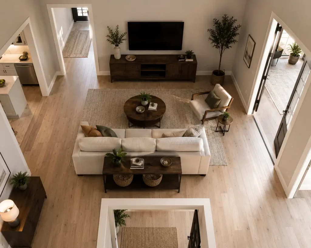 Pass-through living room with multiple doorways, a floating sofa, and fewer movable furniture pieces around the seating zone.
