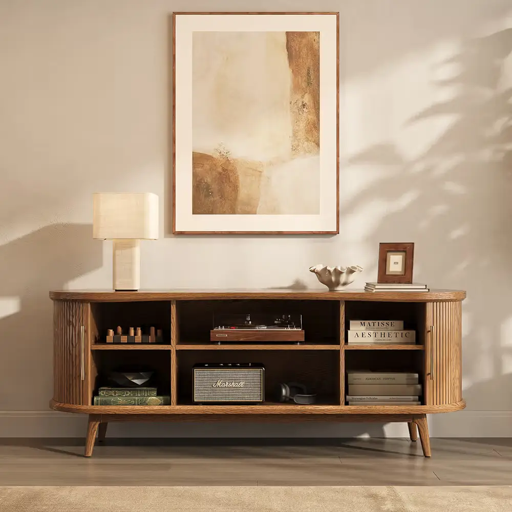 Rounded wood media console with curved corners, open shelving, and warm natural wood finish.