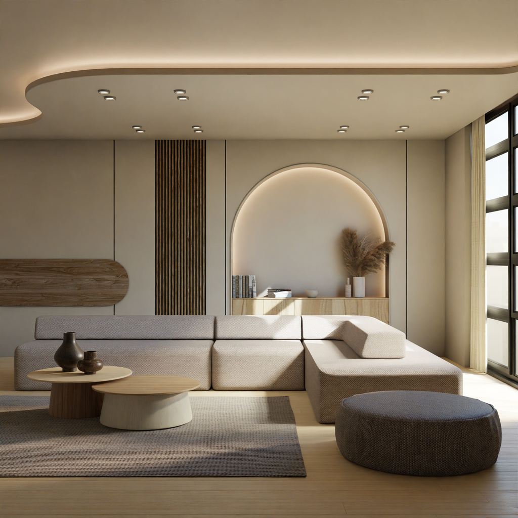 Modern Mediterranean living room with a beige sectional sofa, rounded wood coffee tables, arched wall detail, and warm neutral decor.