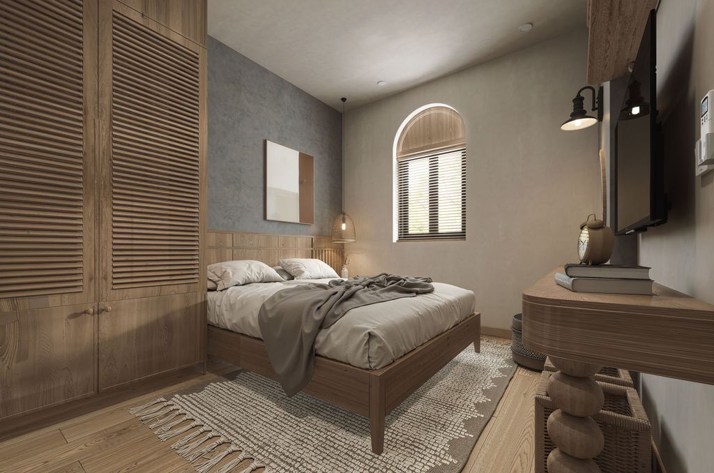 Modern Mediterranean bedroom with warm wood furniture, an arched window, neutral bedding, textured walls, and a woven area rug.