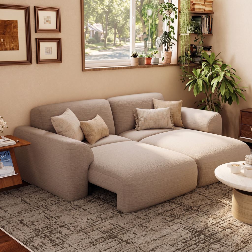 Beige sleeper sofa extended for lounging in a cozy living room with plants and natural light.