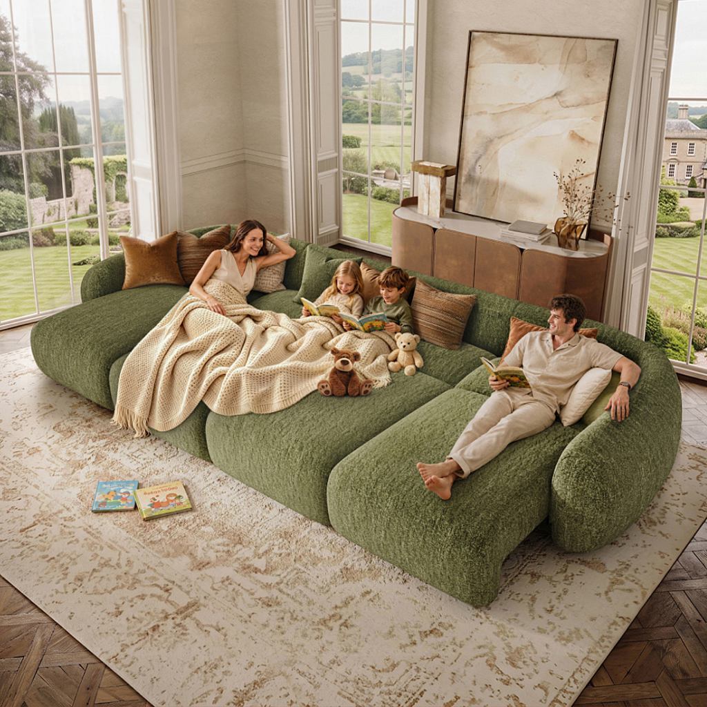 Family relaxing together on an oversized green modular sofa in a bright living room.