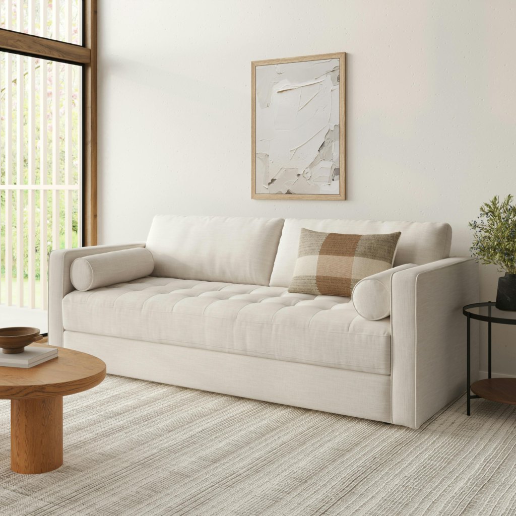 White tufted mid century modern sleeper sofa in a bright neutral living room.
