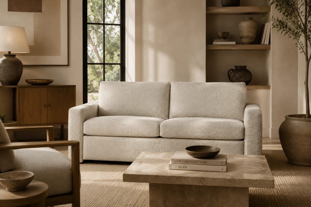 Cream wall-hugger sleeper sofa in a warm neutral living room with wood furniture and built-in shelving.