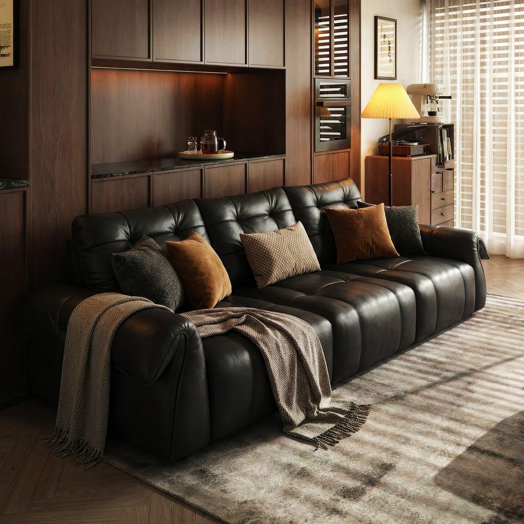 Black leather sleeper sofa with pillows and a throw blanket in a warm modern living room.