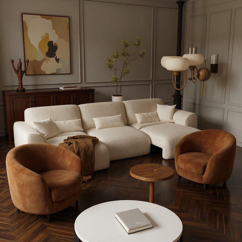 White power sofa bed in a warm living room with two brown accent chairs, round coffee tables, and modern wall art.