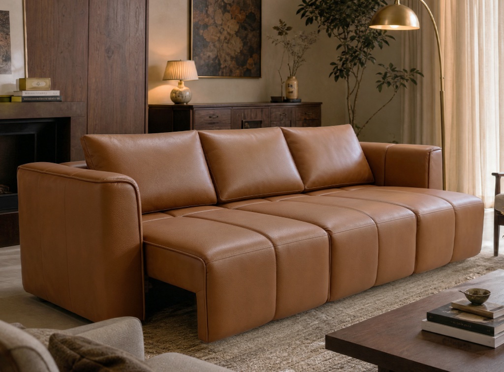 Brown leather sofa bed extended in a warm living room with a coffee table, floor lamp, and wood furniture.