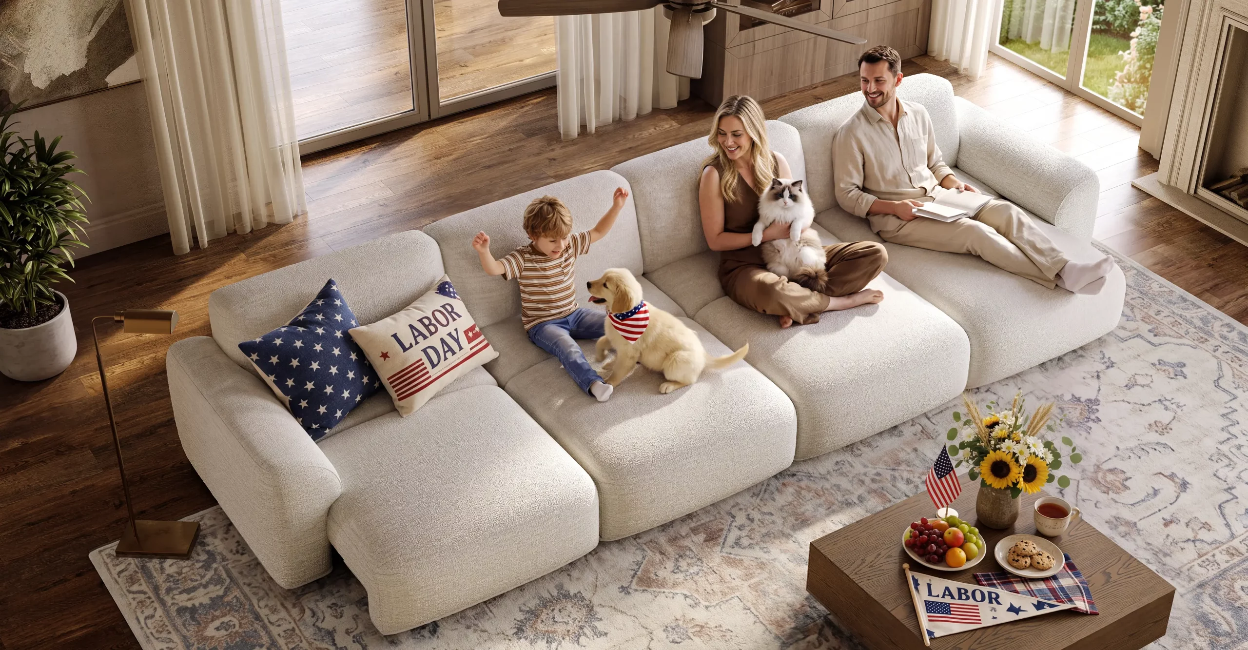Family relaxing on a white power sofa bed with extended seating in a bright living room.