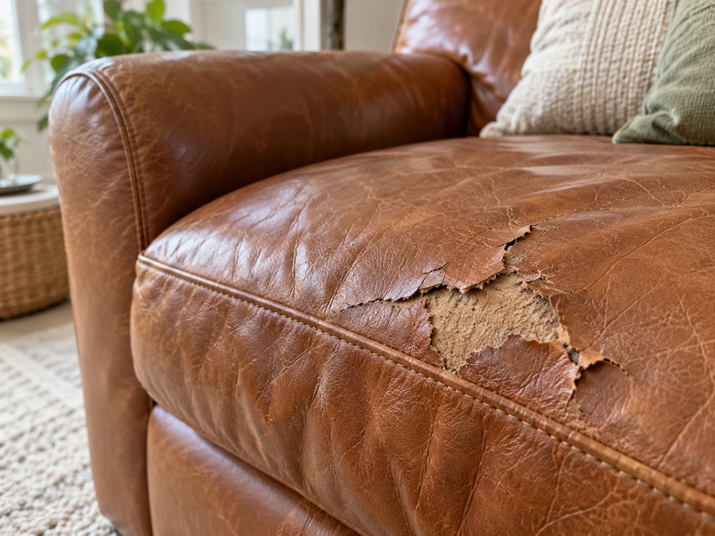 Close-up of a brown leather sofa with extensive peeling and flaking on the seat cushion, exposing the lighter material underneath.