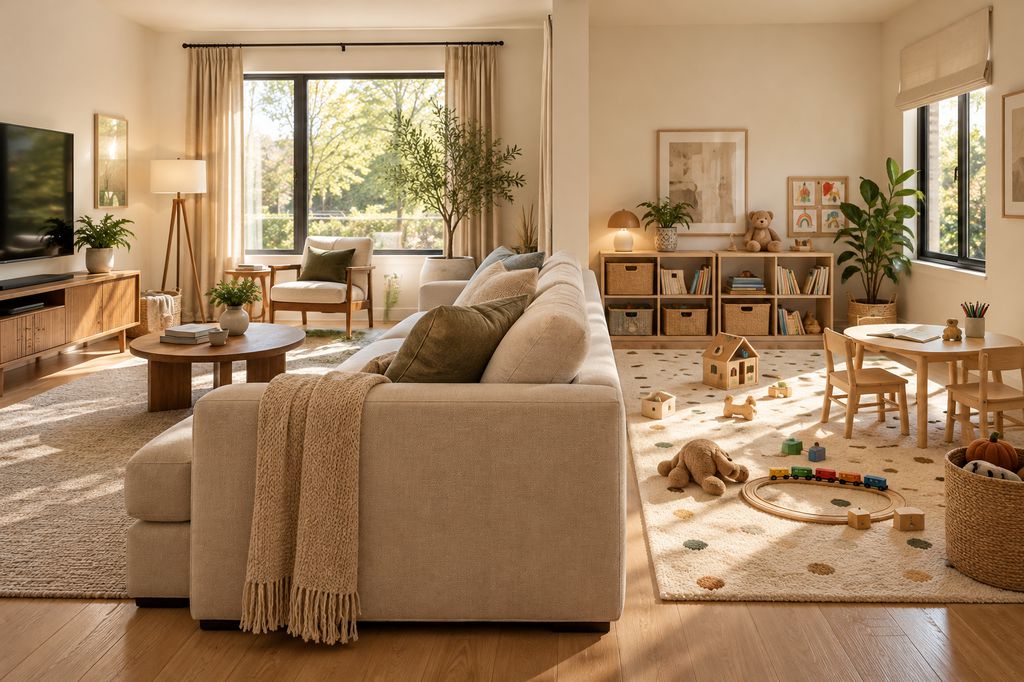 Beige sofa dividing a bright rectangular living room into a TV lounge and a children's play area with toy storage, a small activity table, and a soft rug.