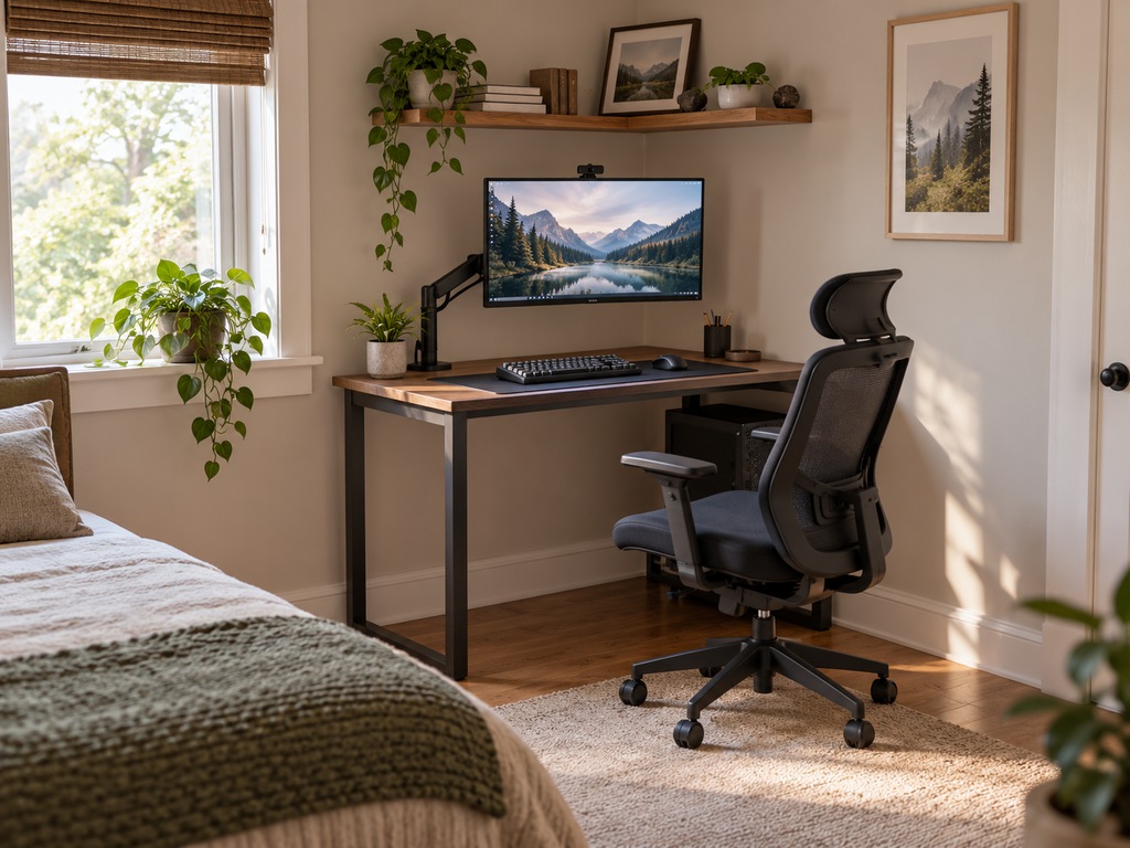 Compact corner PC gaming setup in a small bedroom with a wooden desk, monitor arm, ergonomic chair, floating shelf, and natural window light.
