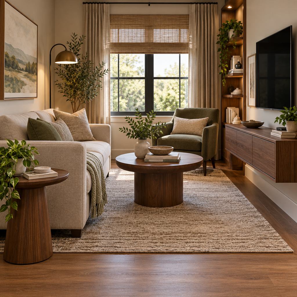 Small den furniture layout with a beige sofa, olive green accent chair, round wooden coffee table, floating TV console, and reading lamp.