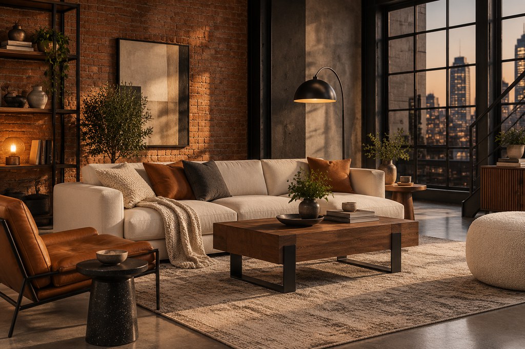 Industrial living room with a cream sofa, cognac leather armchair, exposed red brick walls, black metal accents, a walnut coffee table, and warm neutral textiles.