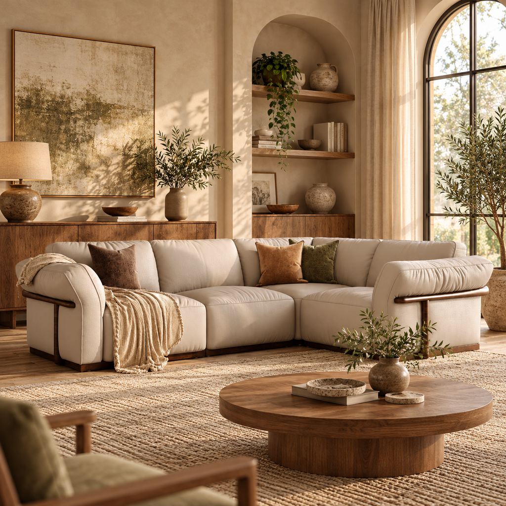Cream sectional sofa with brown and olive cushions, a textured neutral rug, walnut furniture, and greenery in a sunlit earthy living room.