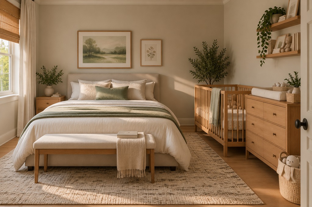Adult guest bed with a wooden crib and changing dresser arranged in the remaining space of a nursery and guest room combo, with warm neutral decor and natural daylight.