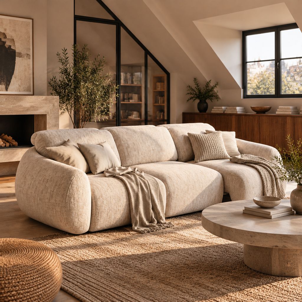 Cream boucle sectional sofa in a slanted-ceiling attic living room with a stone fireplace, built-in wooden shelving, large windows, and a round travertine coffee table.