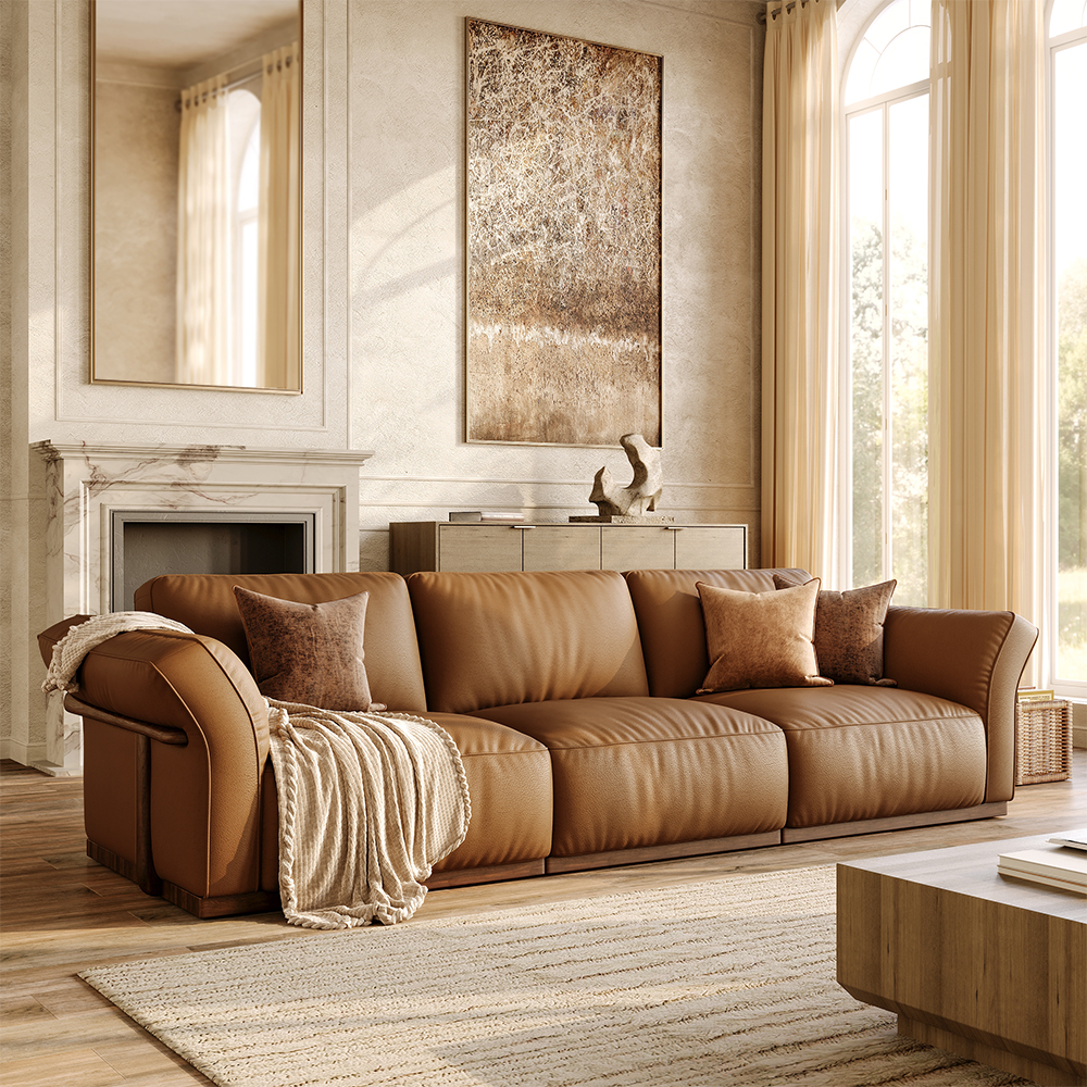 Brown Genuine Leather Three-Piece Cushion Modular Sofa with Solid Wood Frame