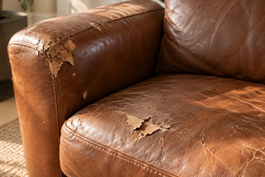 Close-up of a brown leather armchair with peeling and cracked upholstery on the armrest and seat cushion, exposing lighter material underneath.