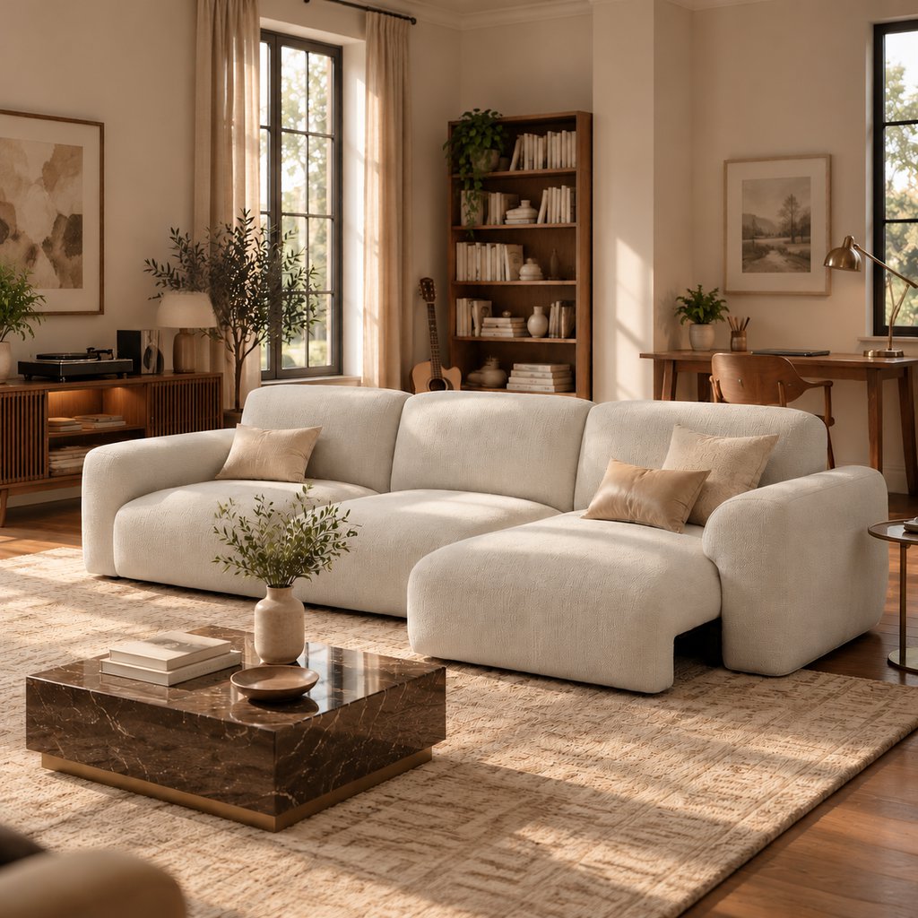 Warm, neutral living room with an ivory sectional sofa, marble coffee table, wooden media console with a turntable, bookshelf, guitar, and compact home office, illuminated by natural window light.