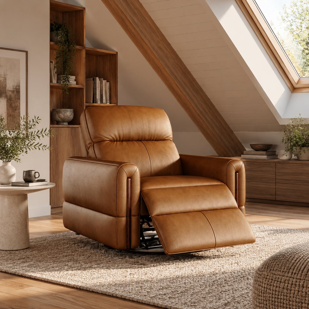 Caramel leather recliner in an attic living room with a sloped ceiling, skylight, exposed wood beams, and built-in wooden shelving.