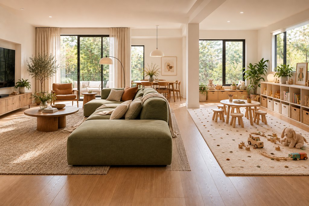 Spacious open-plan family room with a green sectional sofa, separate kids’ play area, wooden activity table, toy storage shelves, and large windows with natural light.
