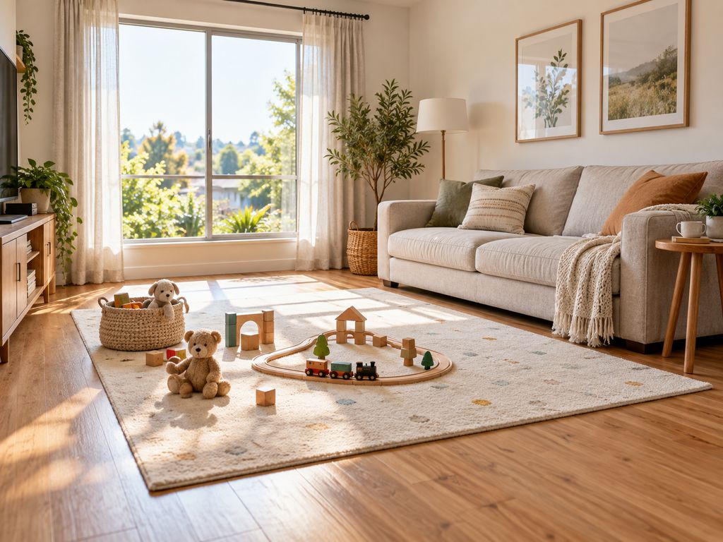 Bright living room with a beige sofa against the wall, a small side table, and an open central play area featuring a rug, wooden blocks, a toy train set, and stuffed animals.