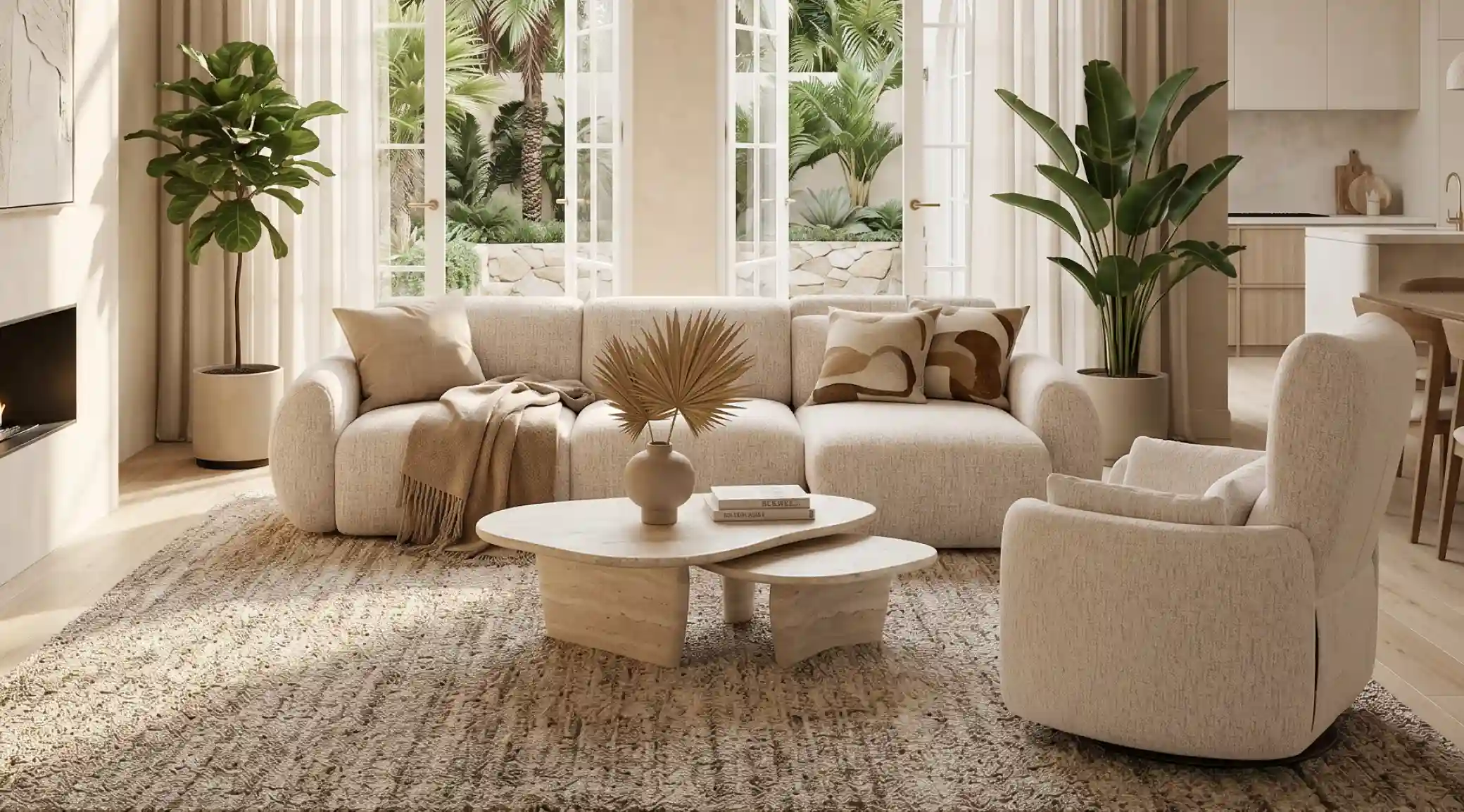 Bright modern living room featuring a cream-colored couch bed, matching upholstered armchair, nested coffee tables, and large French doors overlooking a lush garden.