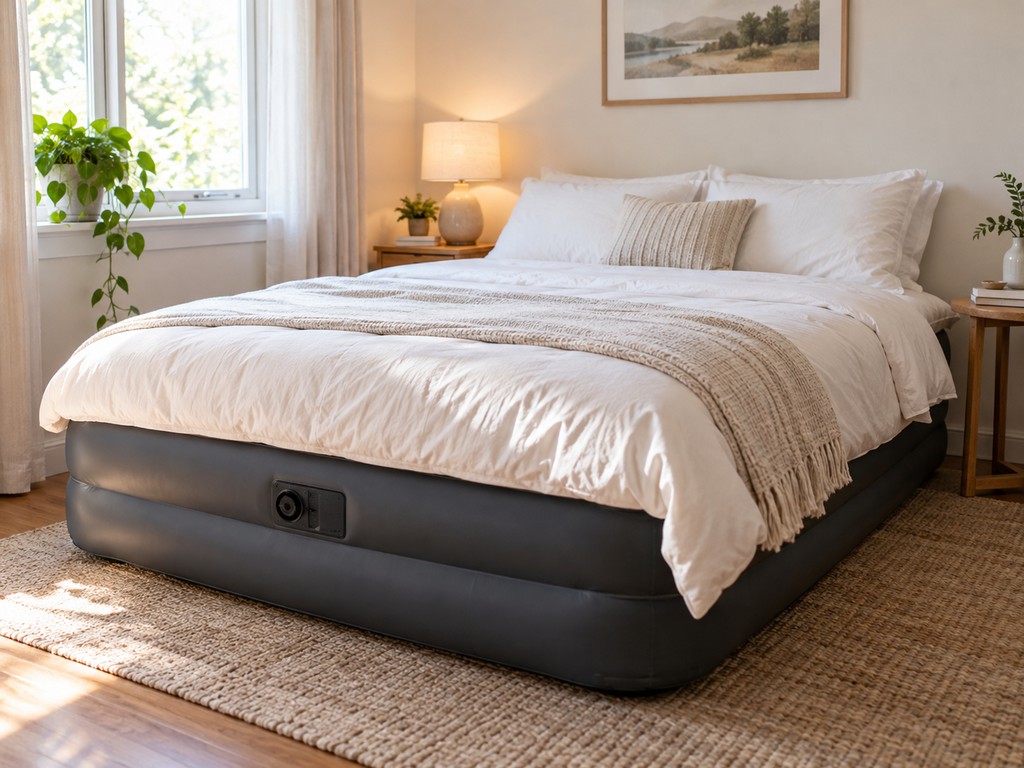 Raised air mattress with white bedding, a dark gray inflatable base, and a built-in pump in a cozy guest room with natural light.