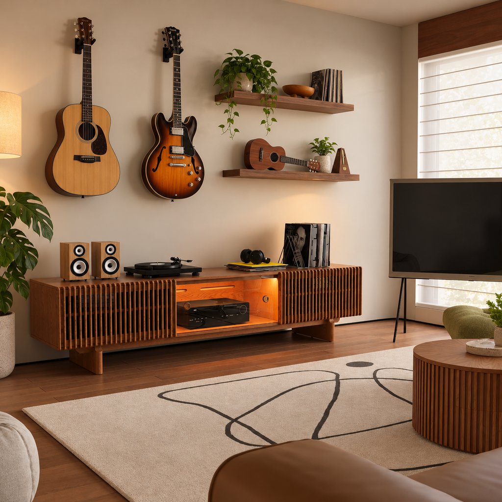 Wooden media console with a turntable, speakers, and vinyl records beneath wall-mounted guitars and floating shelves displaying musical instruments in a warm, modern music room.