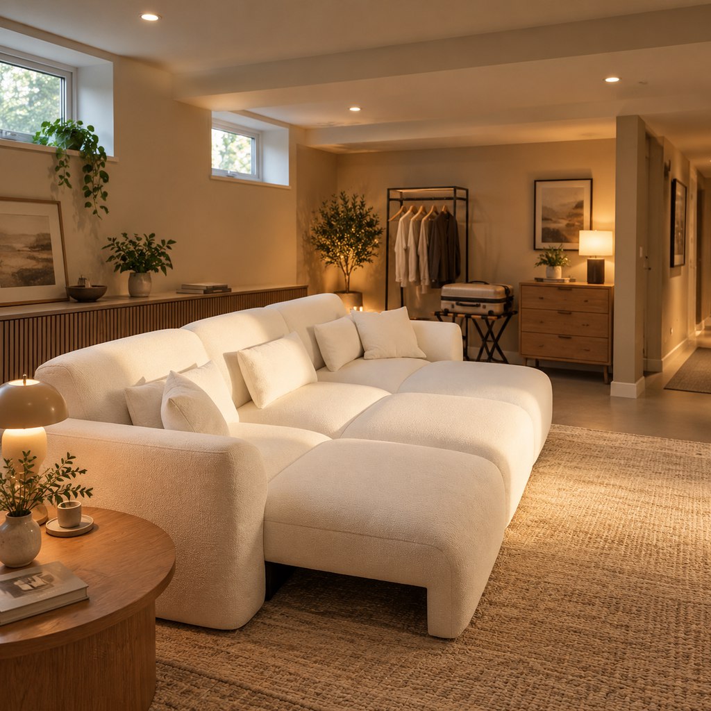 Cozy basement guest lounge with a cream sectional sofa, warm recessed lighting, high windows, a clothing rack, luggage stand, and wood storage furniture.
