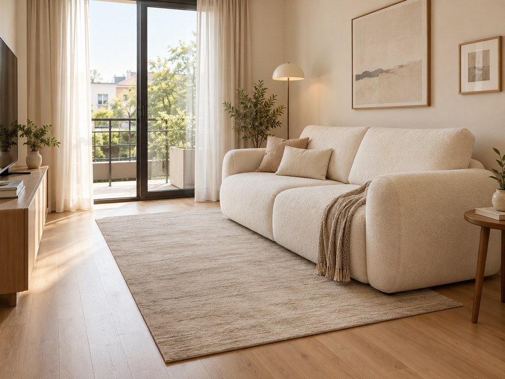 Wall-aligned cream sofa bed in a small, sunlit living room with open floor space, a compact side table, and a TV stand opposite.