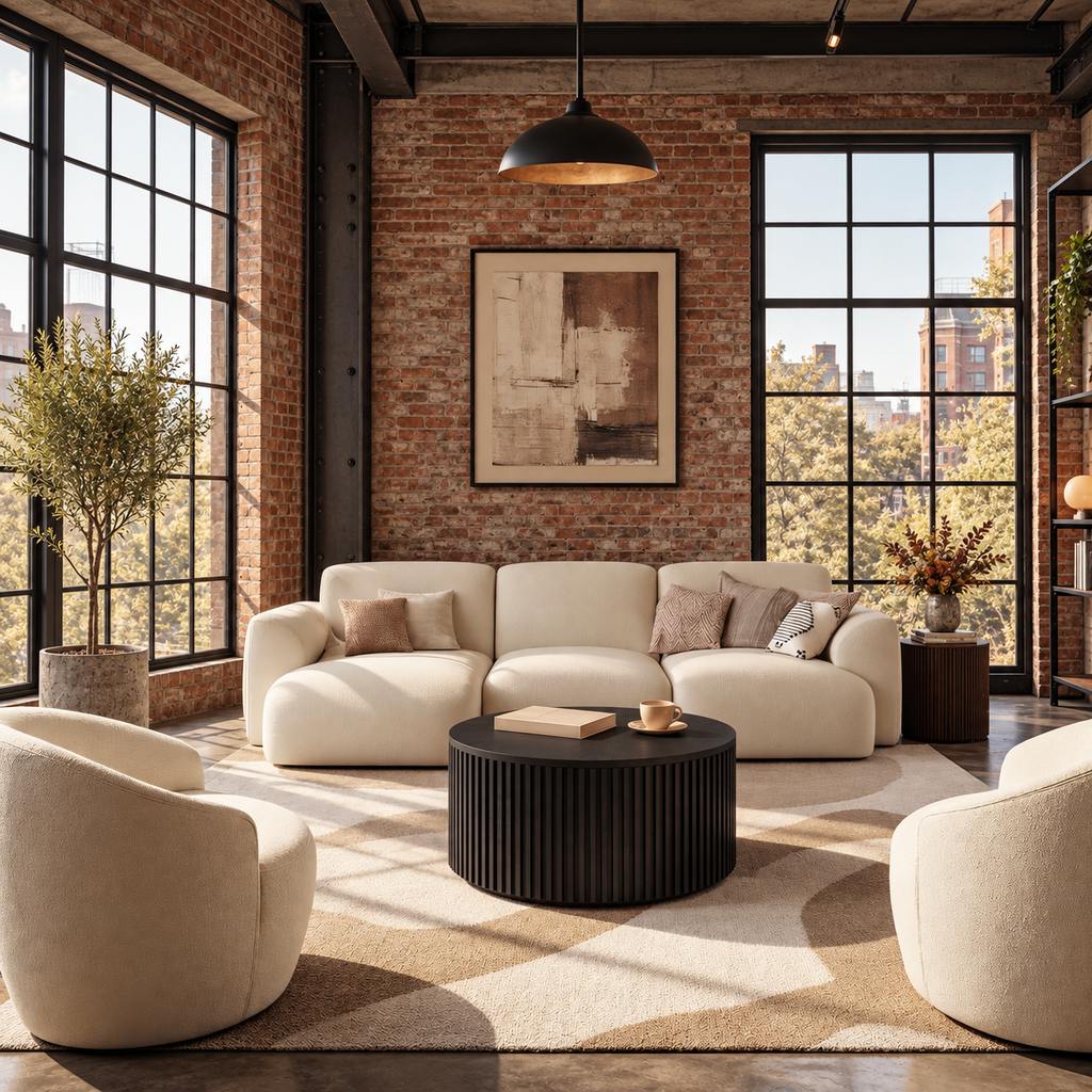 Industrial living room with exposed red brick walls, black metal-framed windows, a cream sofa, a black ribbed round coffee table, and warm wood accents.