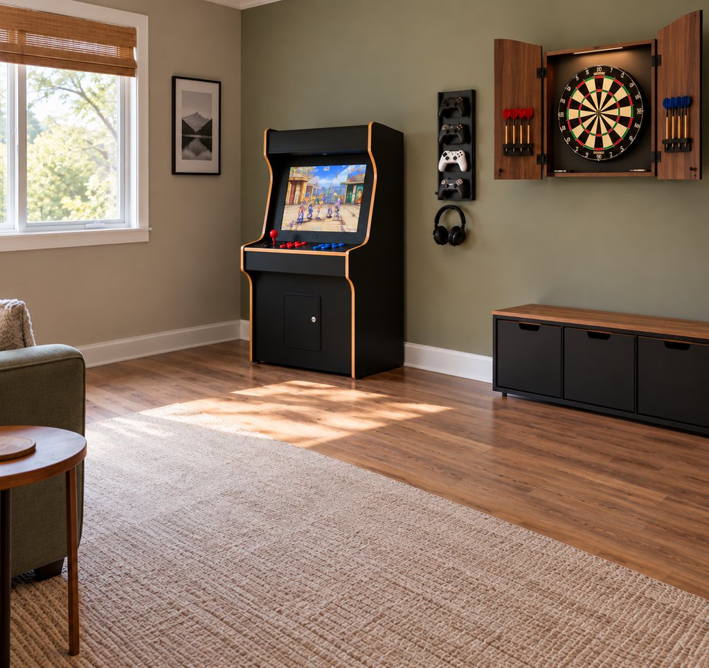 Small game room with a freestanding arcade machine, wall-mounted dartboard, organized gaming controllers, and open floor space with natural lighting.