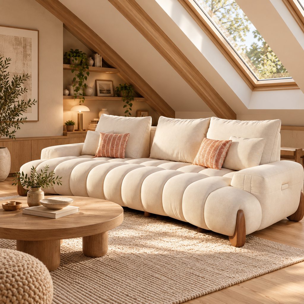 Cream-colored sofa in a cozy attic living room with slanted ceilings, skylight windows, exposed wood beams, and a round wooden coffee table.