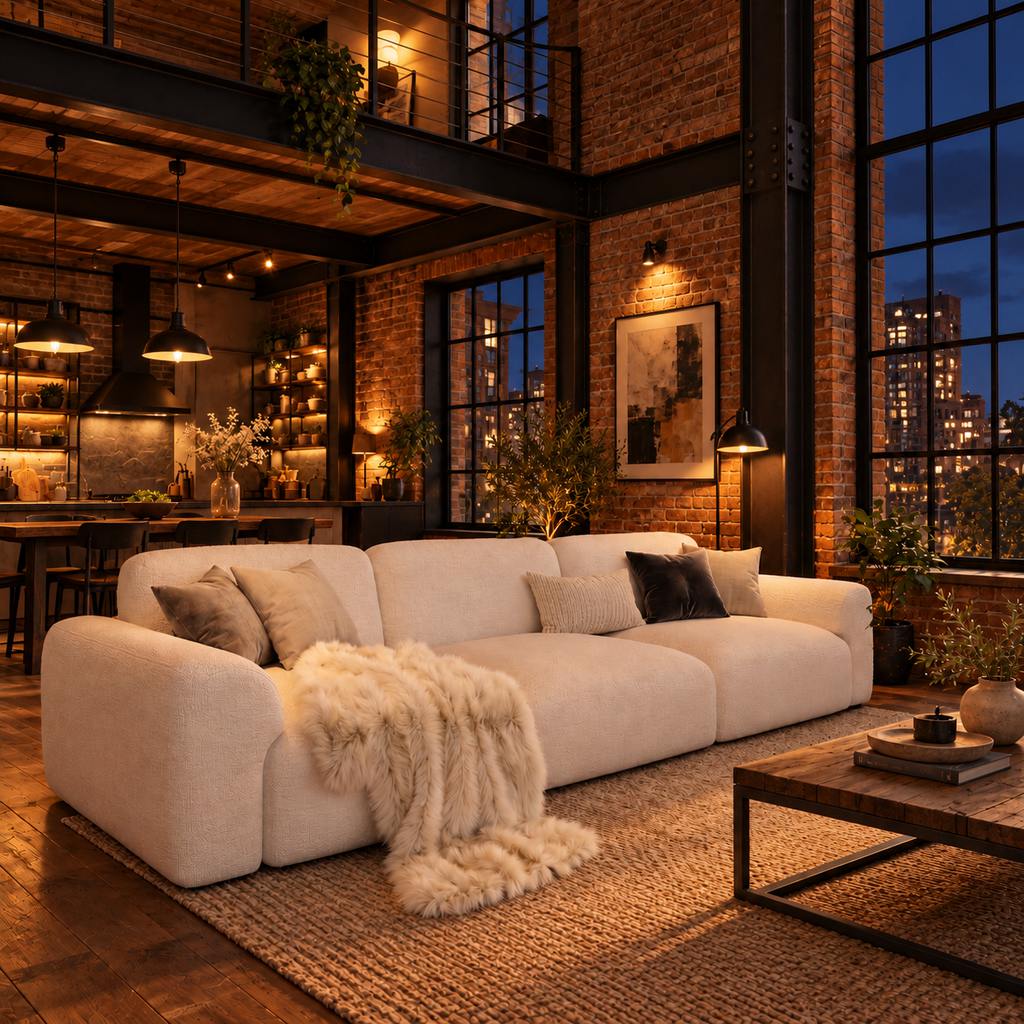 Industrial living room at night with exposed red brick walls, black steel beams and window frames, a cream sofa, warm pendant lighting, and a wood coffee table.