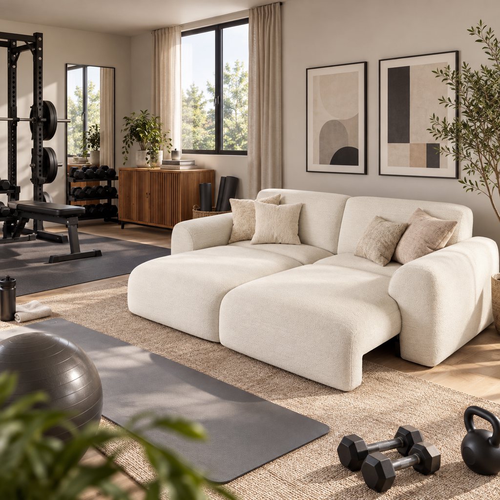 Home gym guest room combo with a cream sofa bed, workout bench, dumbbell rack, yoga mat, and exercise equipment in a bright, naturally lit space.