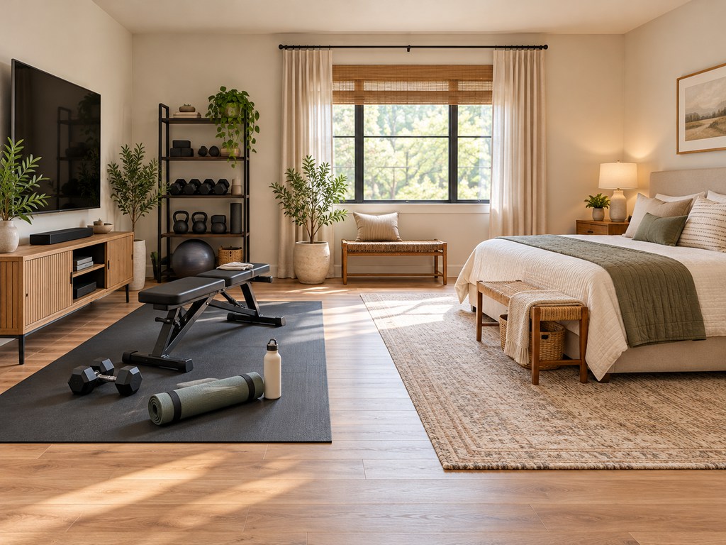 Spacious home gym guest room combo with separate workout and sleeping zones, featuring a bed, exercise bench, dumbbells, yoga mat, and TV setup.