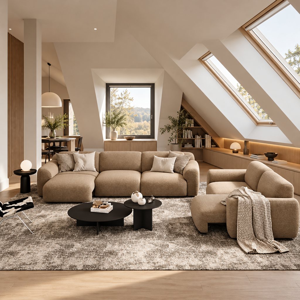 Modern attic living room with a beige sectional sofa, matching lounge chair, and low coffee tables beneath slanted ceilings and skylight windows.