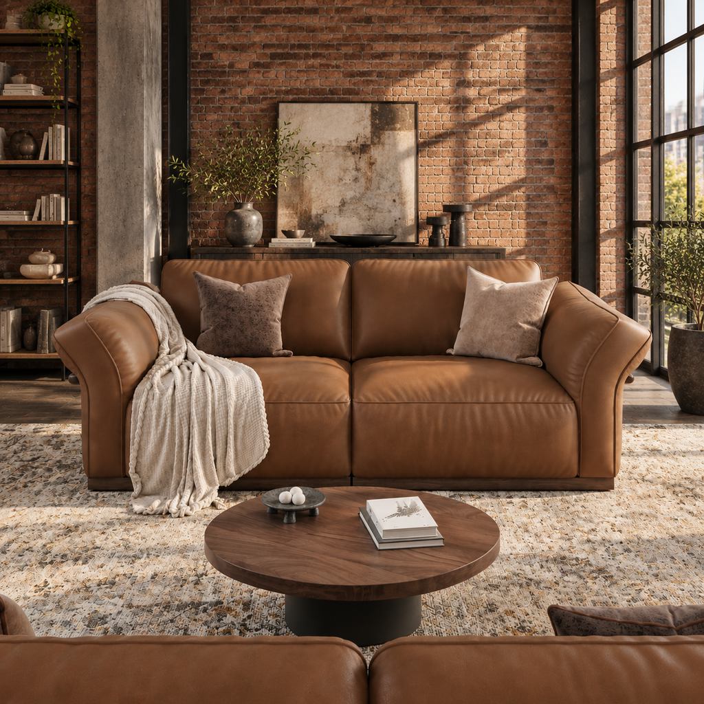 Industrial living room with a cognac leather sofa, cream knit throw, walnut coffee table, exposed brick wall, black metal windows, and a neutral vintage-style rug.