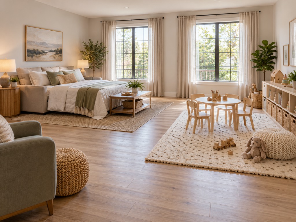 Spacious guest room and playroom combo with a sofa bed, children's activity table, toy storage shelves, and separate rugs defining each zone.
