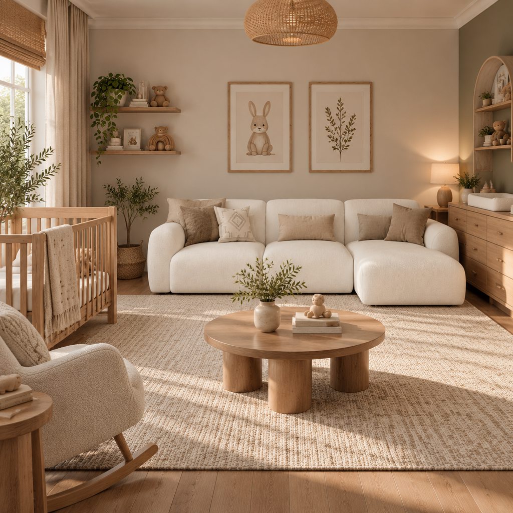 Ivory sectional sofa against the wall in a nursery and guest room combo, with a wooden crib, changing dresser, and neutral decor.