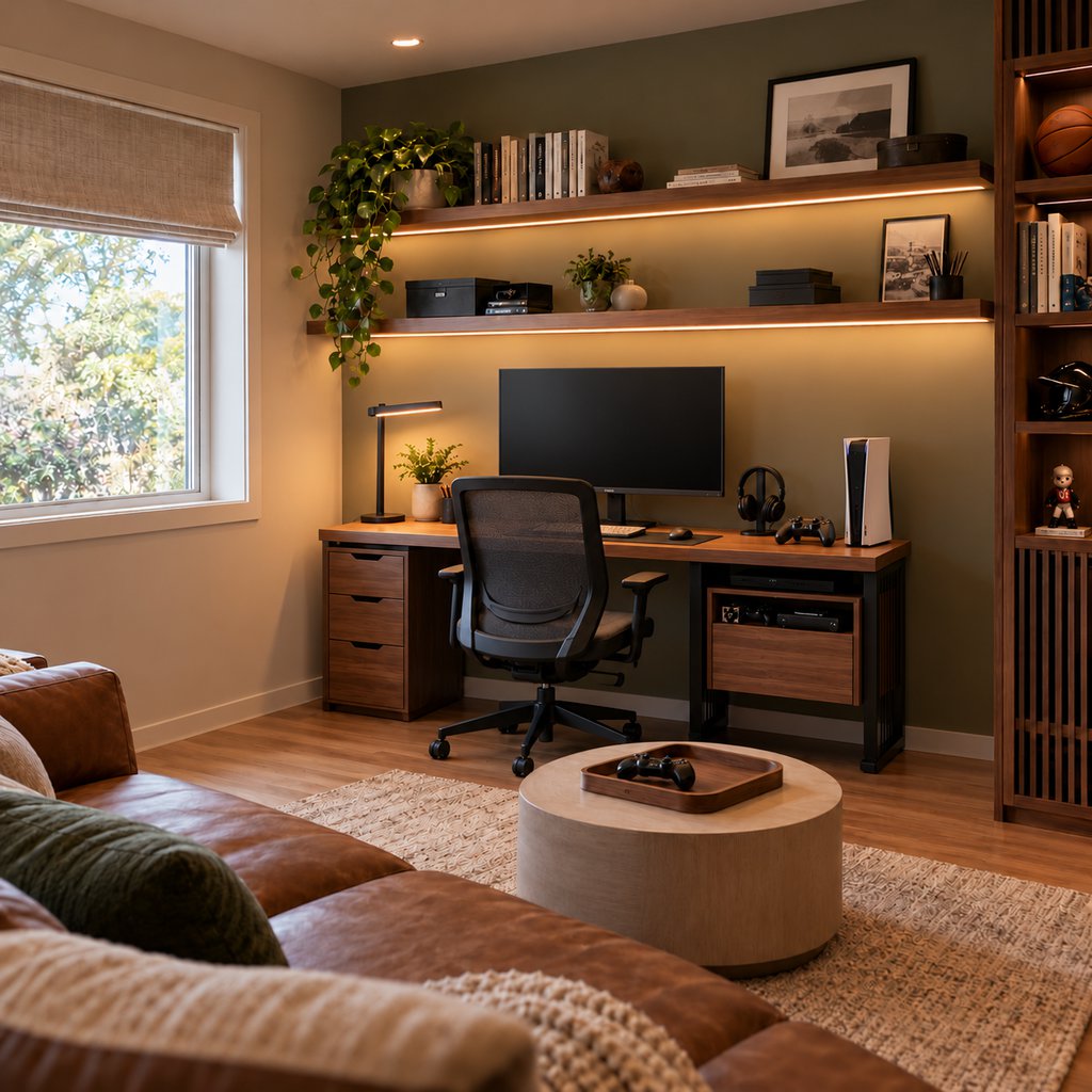 Compact home office and gaming room with a wooden desk, black monitor, PS5 console, ergonomic chair, and natural window light.
