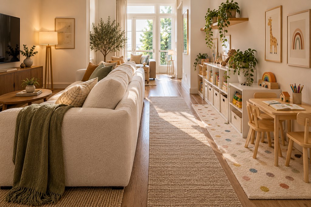 Narrow living room with a beige sofa, a wall-side children's play area featuring low toy storage and a small activity table, and a clear central walkway.
