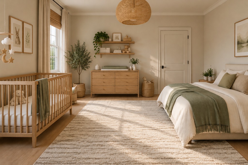 Nursery and guest room combo with a wooden crib and adult bed along opposite walls, a central walkway, and a wooden changing dresser.