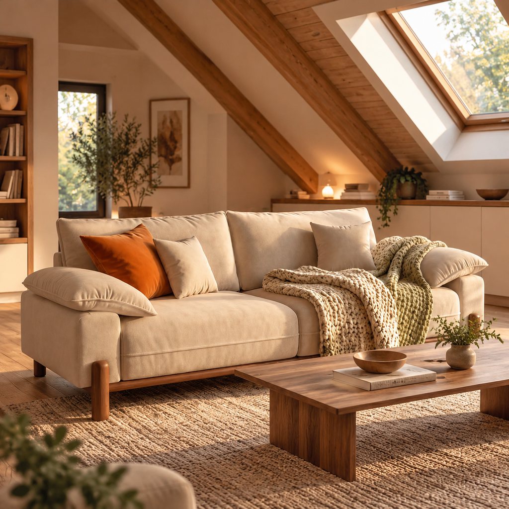 Cream sofa in an attic living room with a slanted wood-beam ceiling, skylight, built-in low storage cabinets, and a wooden coffee table.