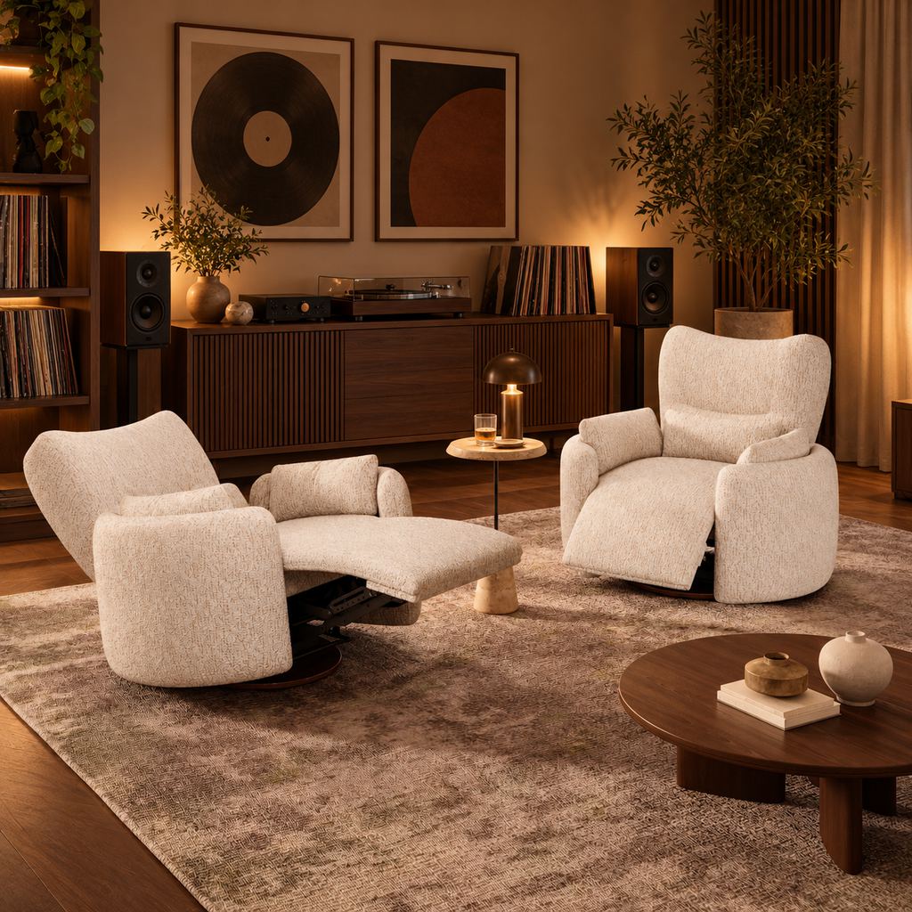 Cozy music listening room with two cream swivel recliners, a wooden media console, turntable, stereo speakers, vinyl record storage, and warm ambient lighting.