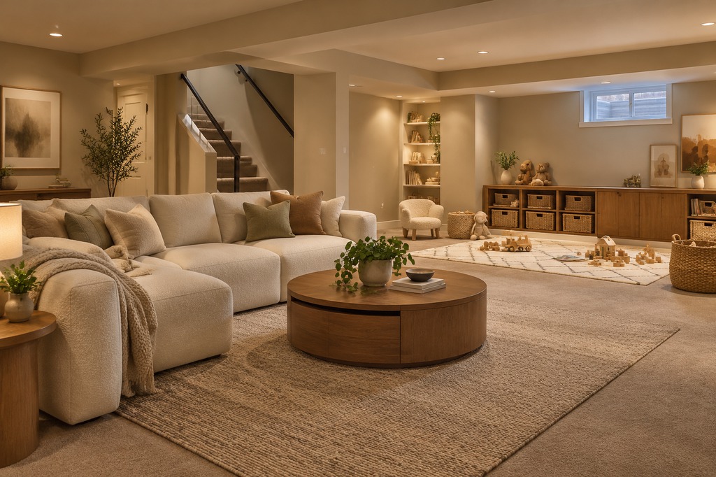 Cozy basement family room with a cream sectional sofa, round wooden coffee table, woven rugs, built-in toy storage, and a dedicated kids' play area near the staircase.