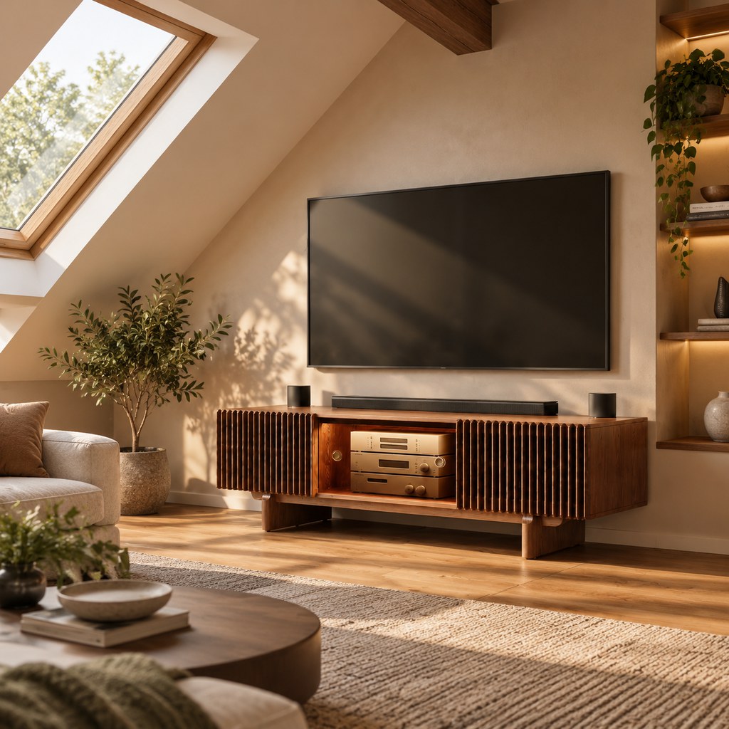 Walnut TV stand beneath a wall-mounted television in an attic living room with a slanted ceiling, skylight, exposed wood beams, and warm natural light.