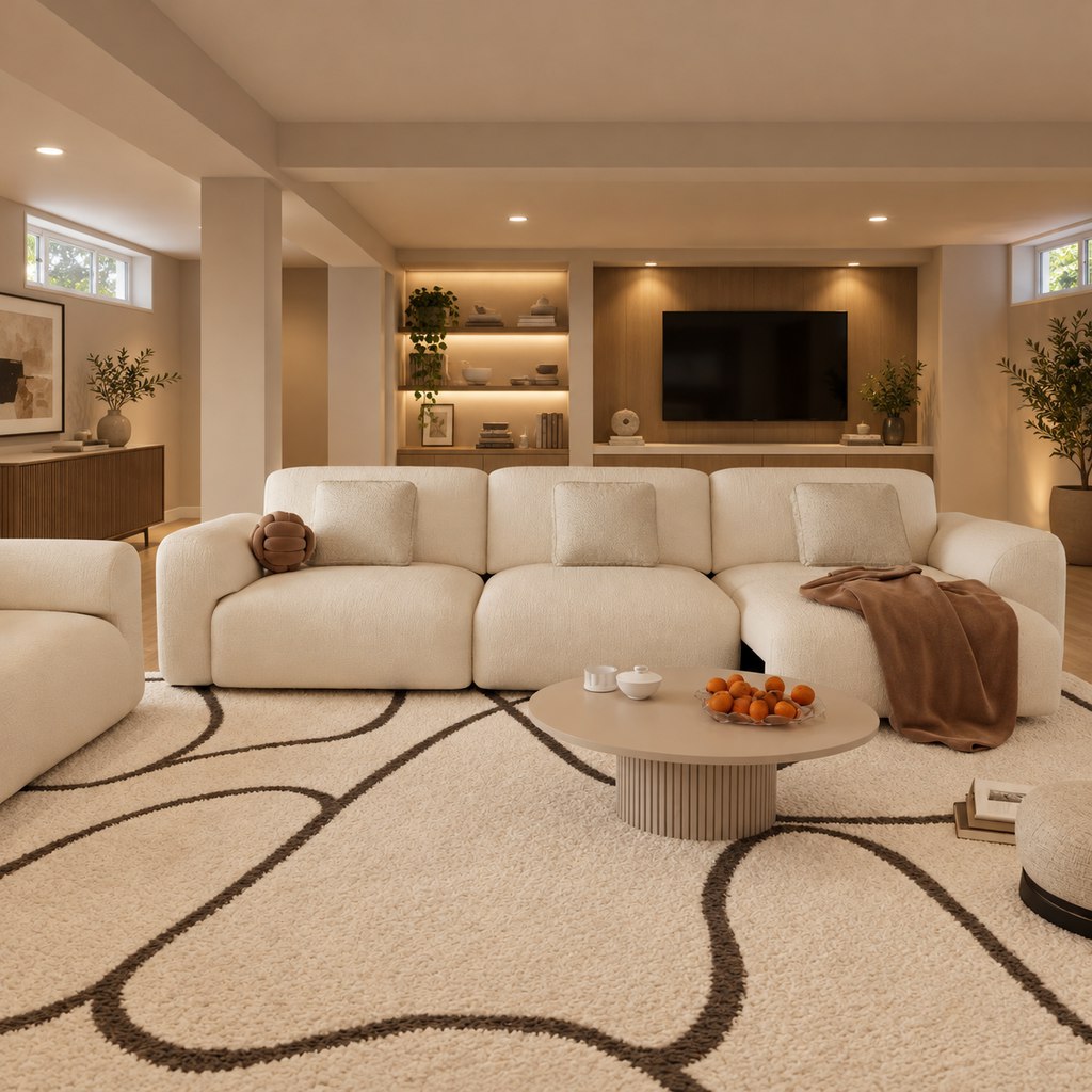 Cream sectional sofa in a cozy modern basement living room with a built-in TV wall, warm recessed lighting, wood cabinetry, and high basement windows.