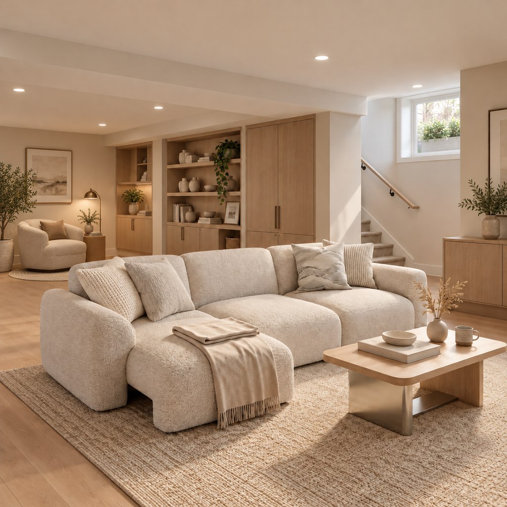 Cozy basement living area with a cream sofa, neutral decor, built-in wood storage, a reading nook, and natural light from a small basement window.